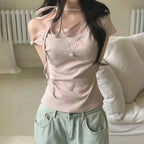 Sweet Polka Dot Prints T-Shirts Fashion Women Cute Design One-Shoulder Summer Tops Casual Korean Office Lady Commute Slim Tees