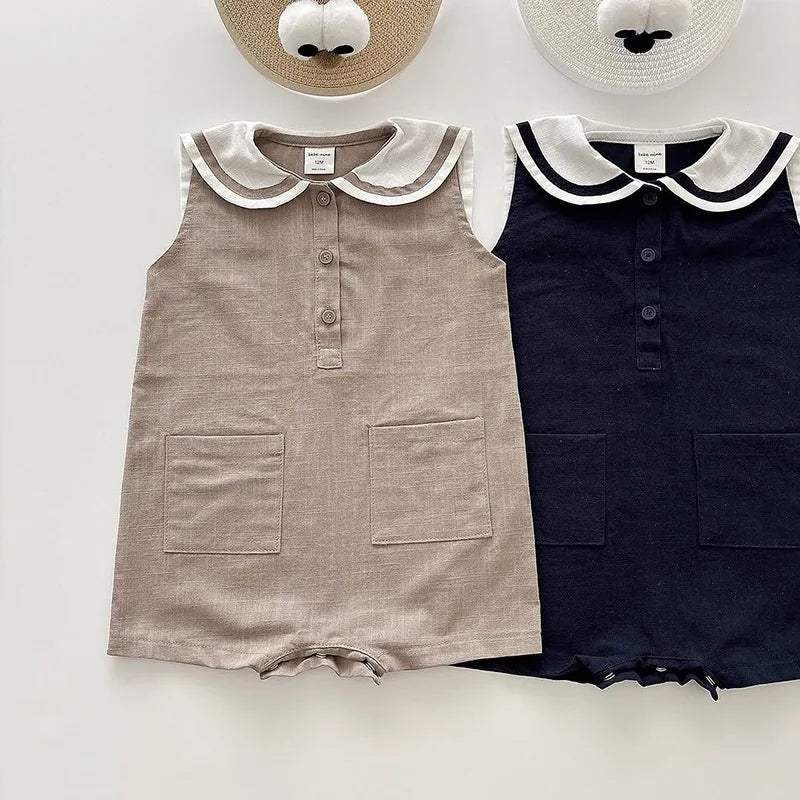 2026 Summer New Baby Sleeveless Bodysuit Cotton Infant Boy Girl Solid Sailor Collar Jumpsuit Newborn Toddler Clothes 0-24M