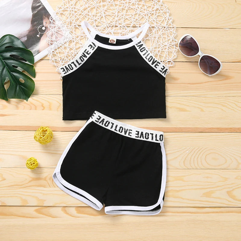 Trendy Summer Children's Sports Clothing Set 2-6Y Patchwork Letter Camisole and Shorts 2Pcs for Girls Kid's Casual Vest Outfit