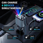 4 in 1 Car Charger with Starry Sky SpotlightRetractable Car Charger with Charging Cable & 2Charging Ports, Universal Car Charger