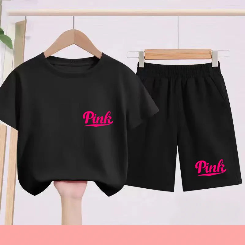 Children's summer multi-color sports short-sleeved T-shirt shorts 2-piece cartoon exquisite print children's first gift