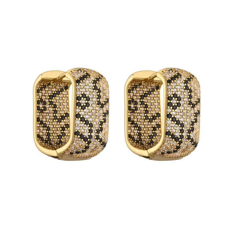 18K Gold Plated Brass Leopard Design Square U-shaped Earrings with AAA Cubic Zirconia Earrings Exaggerated Jewellery 1 Pair