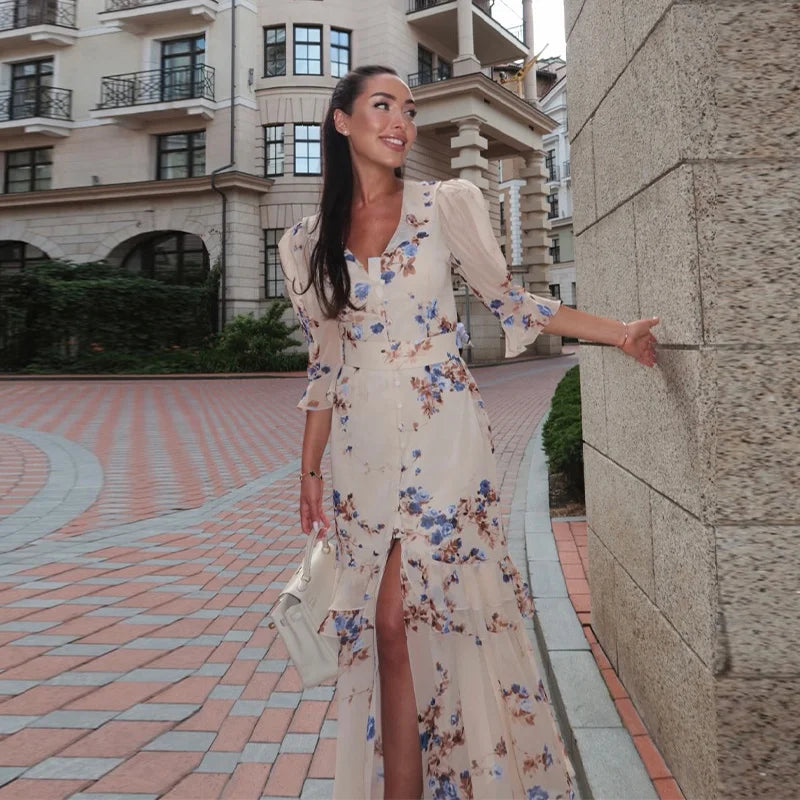 Floral Printed Chiffon V-neck Maxi Dress Ruffle Trim Puff Short Sleeve Waist Belted Slit Robe 2026 Lady Elegant Party Vestidos