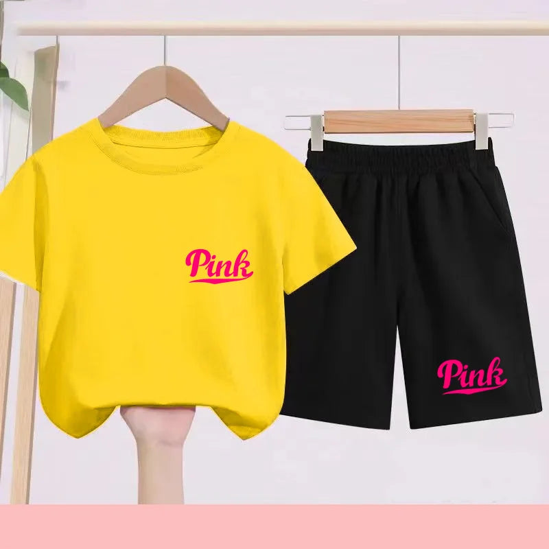 Children's summer multi-color sports short-sleeved T-shirt shorts 2-piece cartoon exquisite print children's first gift
