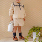 2026 Summer New Children Long Sleeve Clothes Set Boys Girls Bow Sailor Collar Shirts + Shorts 2pcs Suit Kids Cotton Outfits