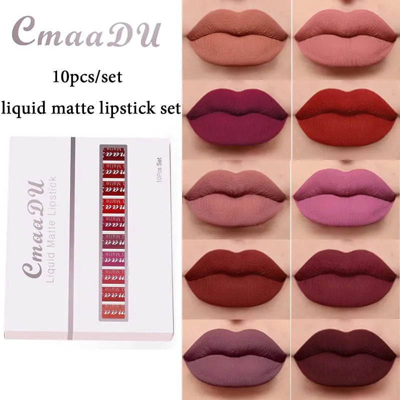 Lips Makeup Cosmetics Kit 10 Colors Matte Lip Gloss Set Velvet Nude High Pigment Matte Liquid Lipstick Set Lasting Easy To Color