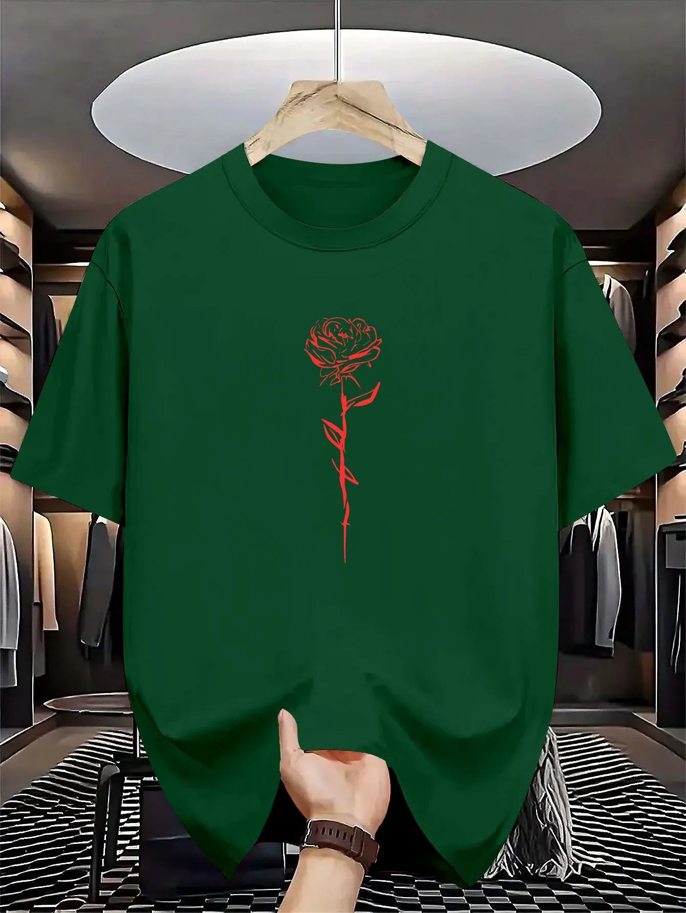 Men's summer 100% pure cotton fashionable casual loose rose pattern printed round neck short sleeved T-shirt top