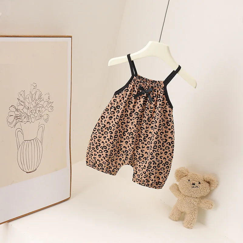 Summer Baby Girls Leopard Print Jumpsuit Infant Sleeveless Suspender One Pieces Bow Decor 0-3Y Toddler Romper Clothes