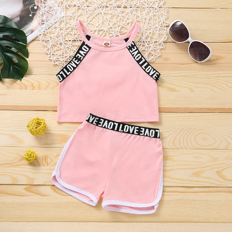 Trendy Summer Children's Sports Clothing Set 2-6Y Patchwork Letter Camisole and Shorts 2Pcs for Girls Kid's Casual Vest Outfit