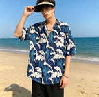Men's Hawaiian Shirt  Japanese Ukiyo-E Wave Print, Short Sleeve, Button-Down,Casual Beach Shirt, Oversized Summer Blouse for Men