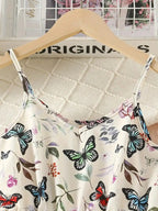 2026 casual and elegant girls' elegant butterfly print sleeveless dress - V-neck, long, perfect choice for summer