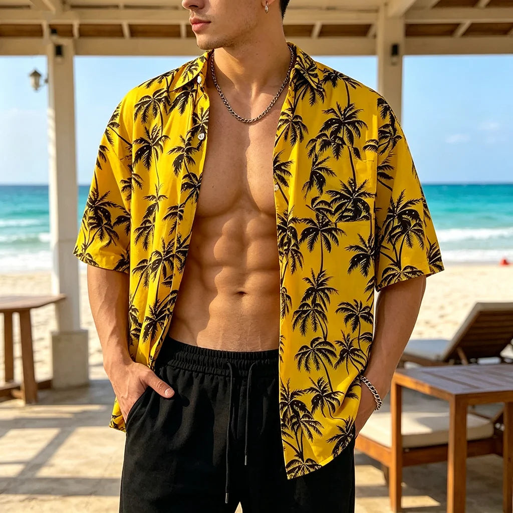 Women's Wave Print Hawaiian Shirt - Summer Casual Oversized Short Sleeve Blouse Loose Fit Beach Shirt for Vacation