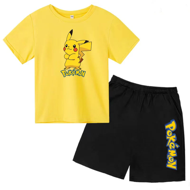 Children's Summer Set Boys and Girls Version Round-neck Cartoon Sports T-shirt - Short-sleeved Short Pants Set Clothing 3-13