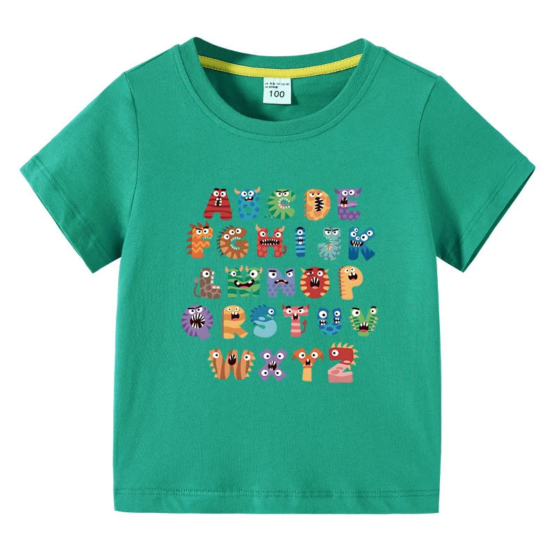 Boys Girls T-Shirt 26 Letters Print Black 100% Cotton Short Sleeve Tee Soft Casual Summer Tops for Kids Children