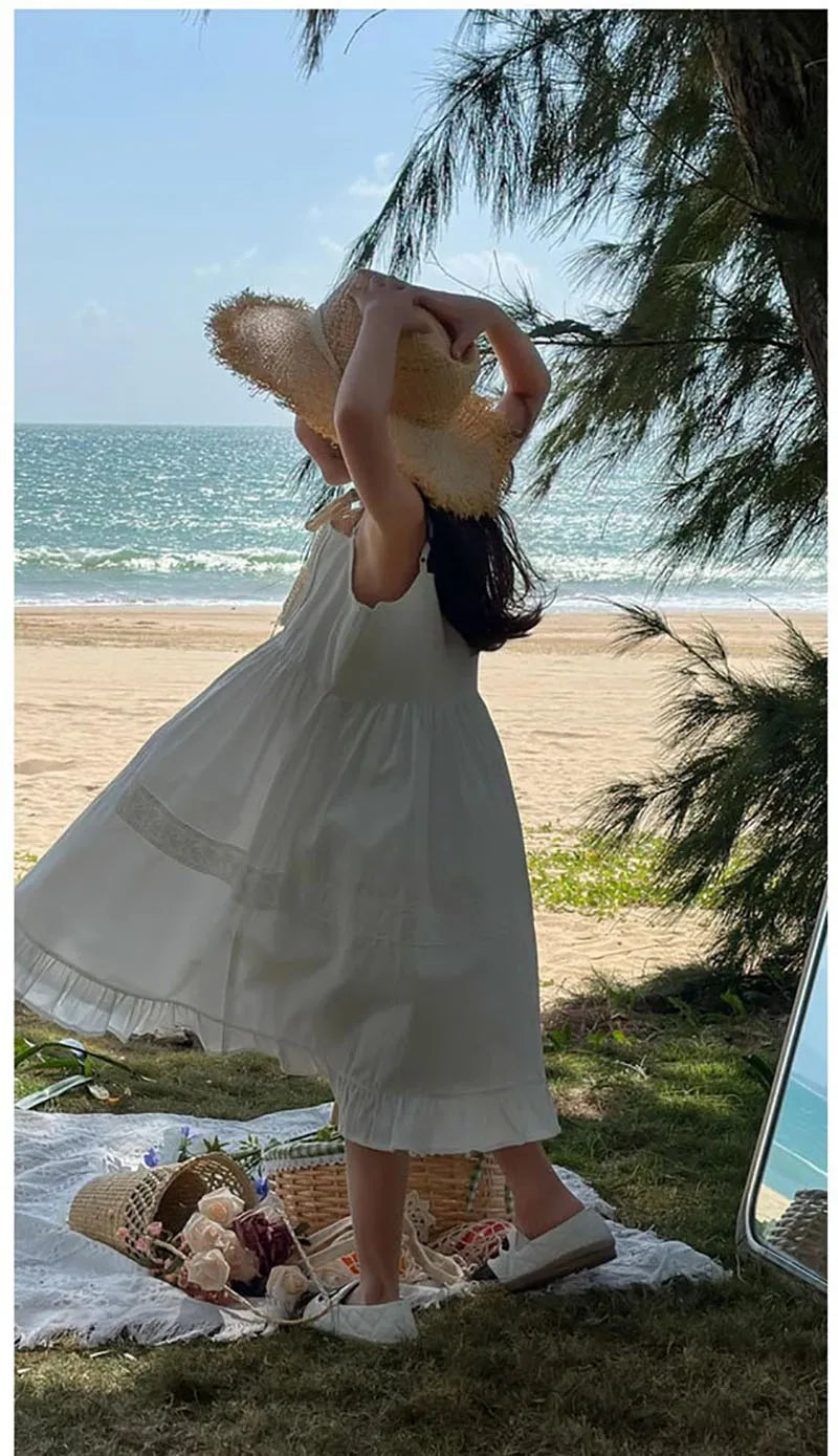 2026 New Girls Dresses Summer Solid Suspenders Dress Hollow-out Long-Sleeved Base Blouse Kid's Beach Wear