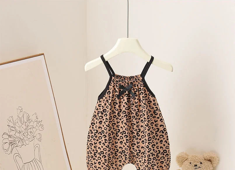 Summer Baby Girls Leopard Print Jumpsuit Infant Sleeveless Suspender One Pieces Bow Decor 0-3Y Toddler Romper Clothes