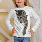 3D Cat Graphic T Shirts Autumn Clothing for Girls O-Neck Streetwear Top Long Sleeve T-Shirt Cartoon Animal Children's T-Shirts