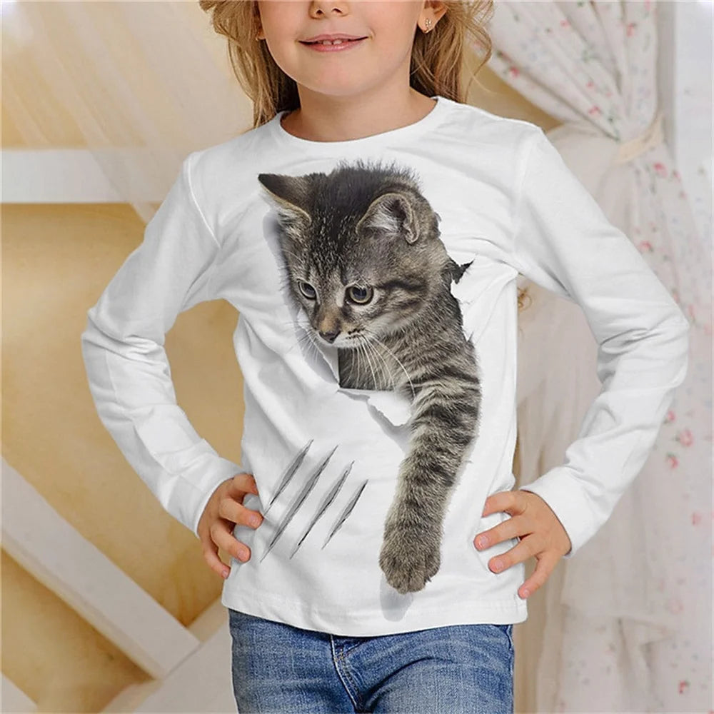 3D Cat Graphic T Shirts Autumn Clothing for Girls O-Neck Streetwear Top Long Sleeve T-Shirt Cartoon Animal Children's T-Shirts