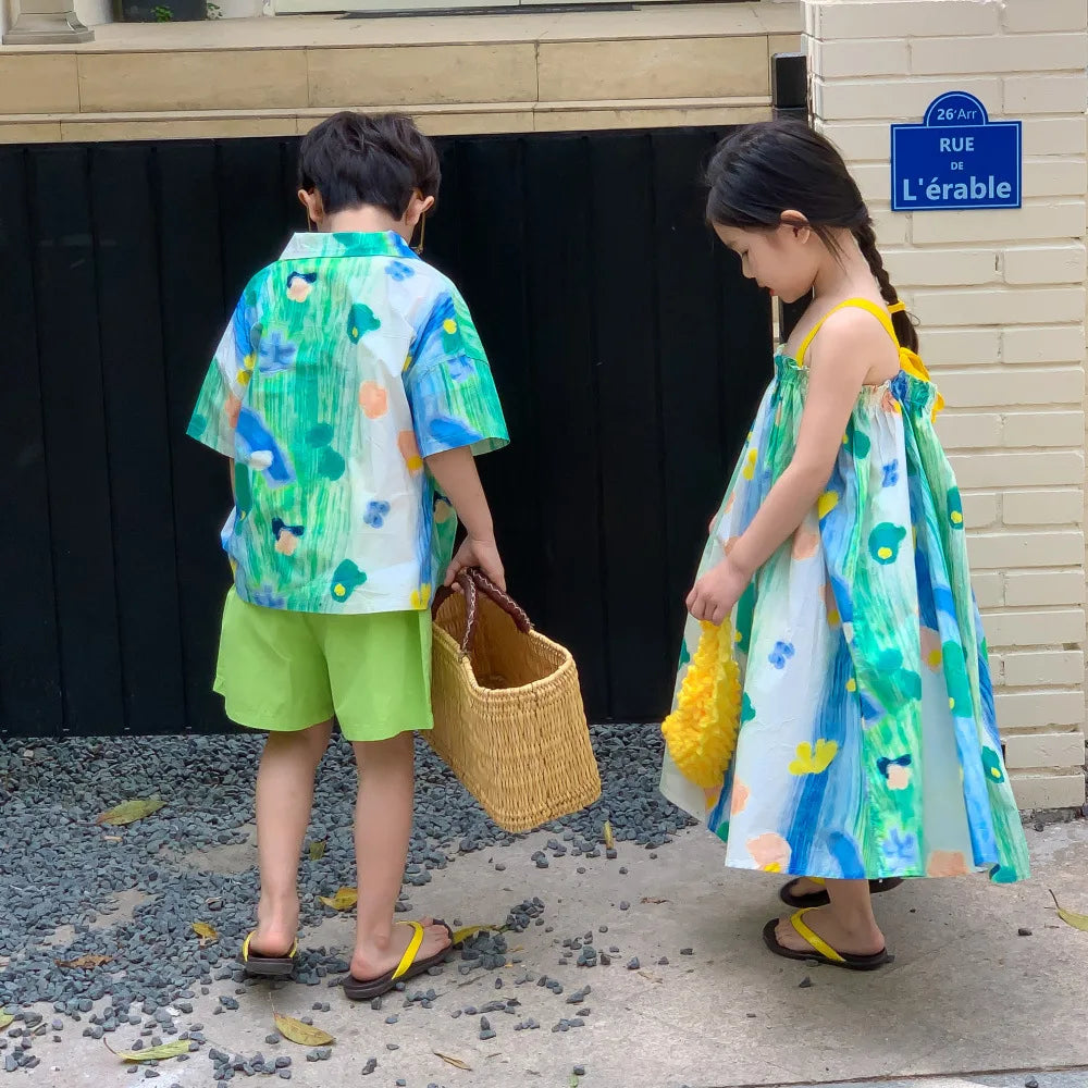 2026 Summer Children Siblings Look Cotton Green Painting Kids Girls Sling Dresses Loose Turn Down Collar Toddler Boys T-shirts