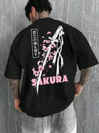 Men's Summer 100% Cotton Fashion Casual Loose Samurai Sword&Cherry Blossom Graphic Print Round Neck Short Sleeve T-shirt Top