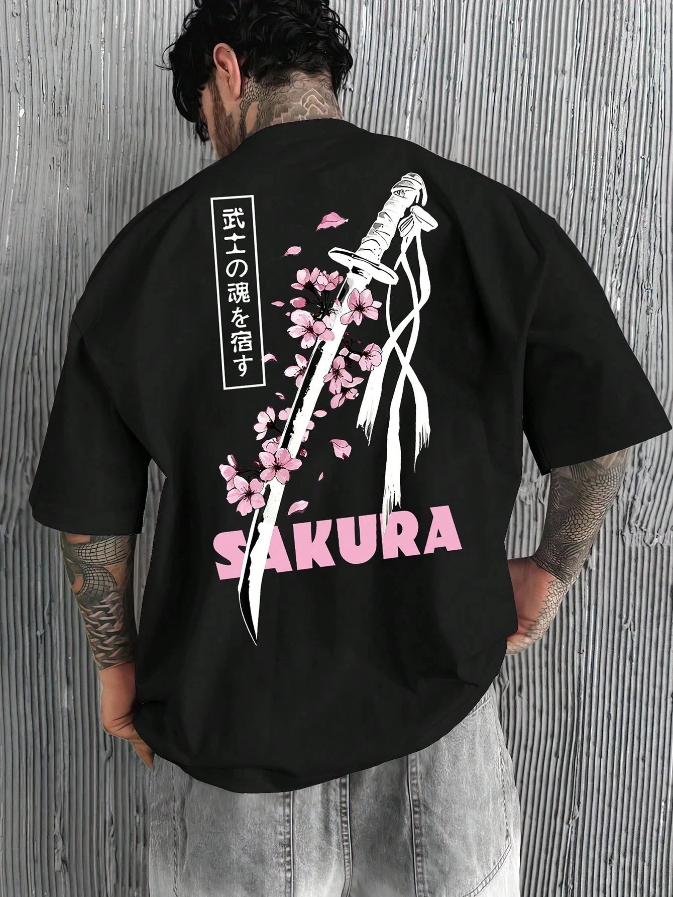 Men's Summer 100% Cotton Fashion Casual Loose Samurai Sword&Cherry Blossom Graphic Print Round Neck Short Sleeve T-shirt Top