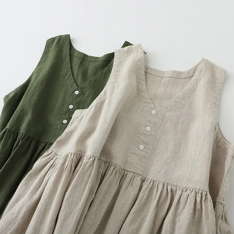 2026 New Women's Cotton Linen Sleeveless Dress Casual V Neck Button Down Loose Midi Dresses for Summer Women's Casual Dresses