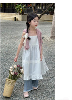 2026 New Girls Dresses Summer Solid Suspenders Dress Hollow-out Long-Sleeved Base Blouse Kid's Beach Wear