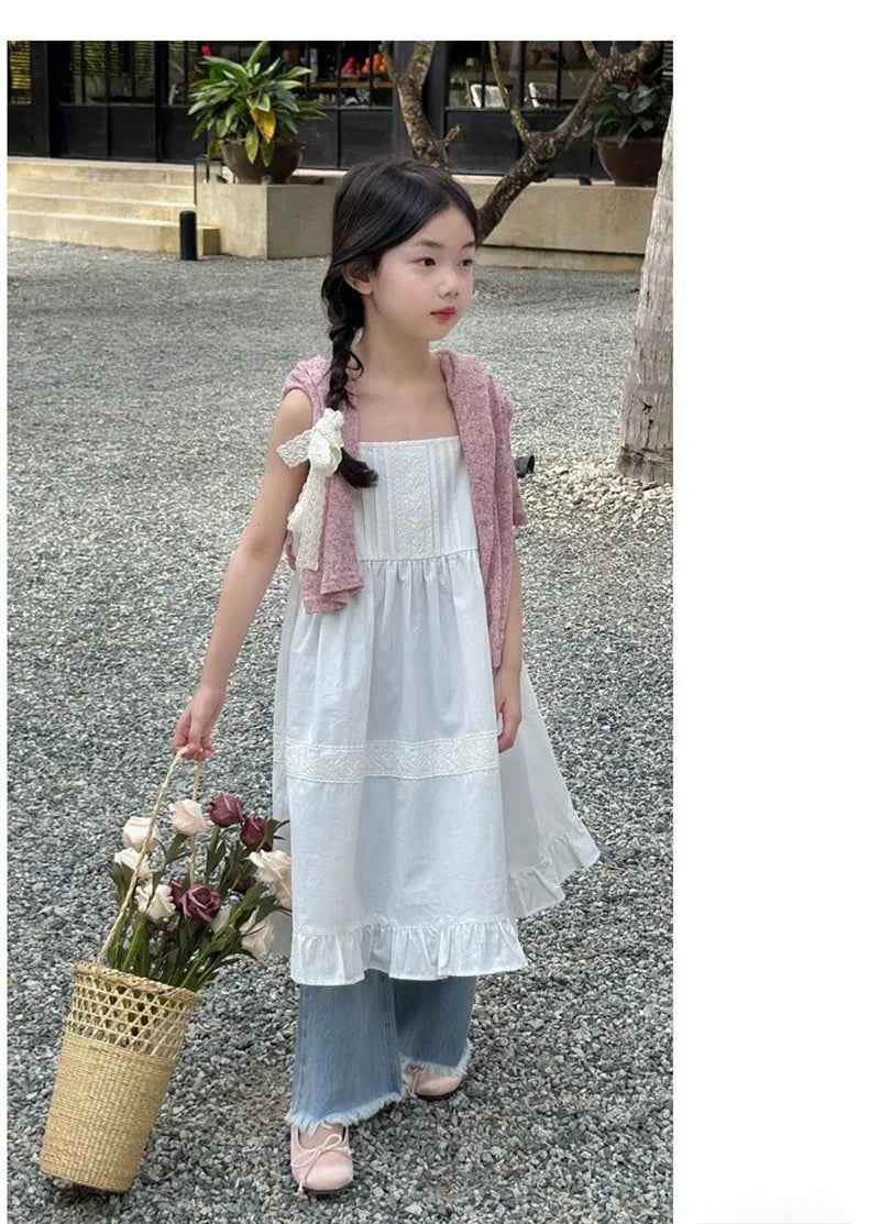 2026 New Girls Dresses Summer Solid Suspenders Dress Hollow-out Long-Sleeved Base Blouse Kid's Beach Wear