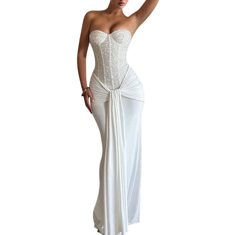 Women Evening Gown with Long Skirt New Style Cinched Waist Slimming Dress Sexy Ribbon-tie Halterneck Elegant Dress For Female