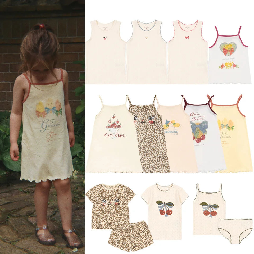 2026 KS Summer Baby Girls Cotton Slip Dresses Cherry T Shirts + Shorts Suits Sets Kids Clothes Girls Sequin Tank Dress Top 1-9Y