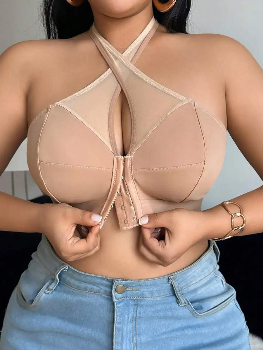 Plus Size Wireless Halter Bra With Mesh Panel And Front Closure