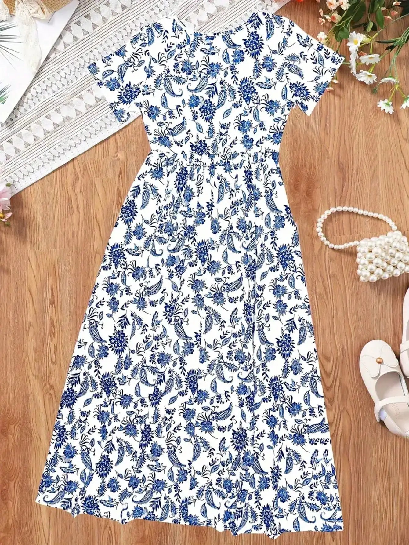 2026 casual Bohemian style paisley patterned short sleeved mid length dress, girls' holiday casual dress, summer gift