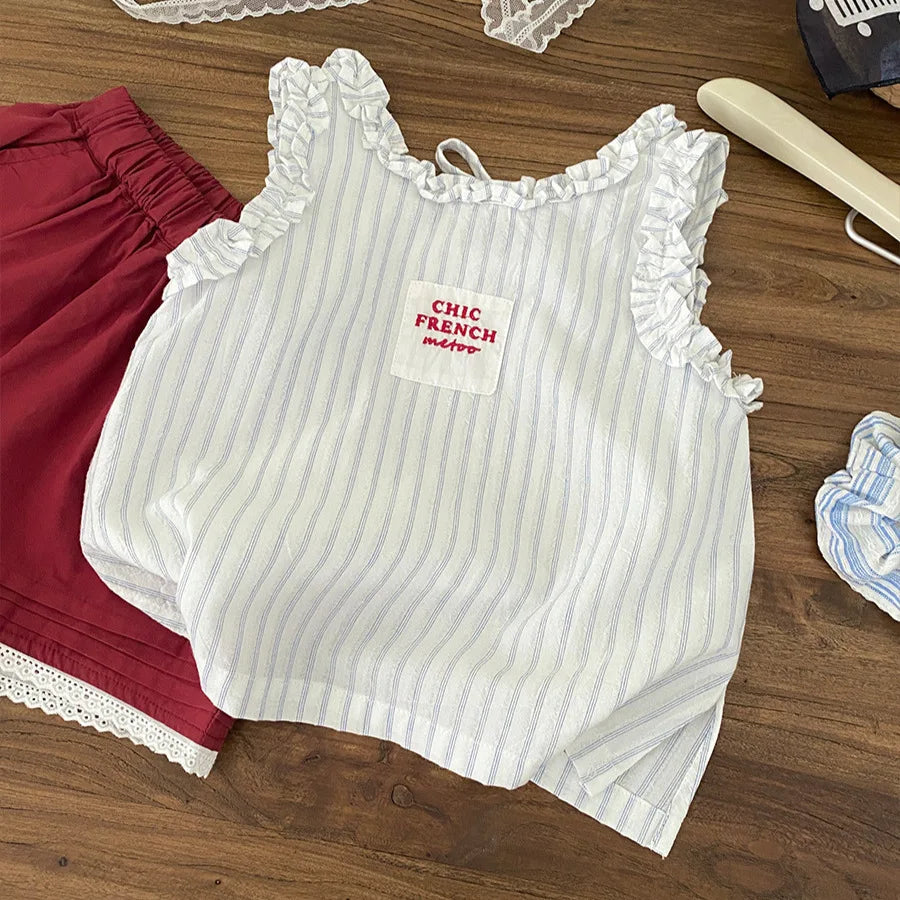 2026 Summer New Girls Sleeveless T Shirts Baby Girl Cute Lace Vest Cotton Striped Toddler Thin Breathable Tops Kids Clothes
