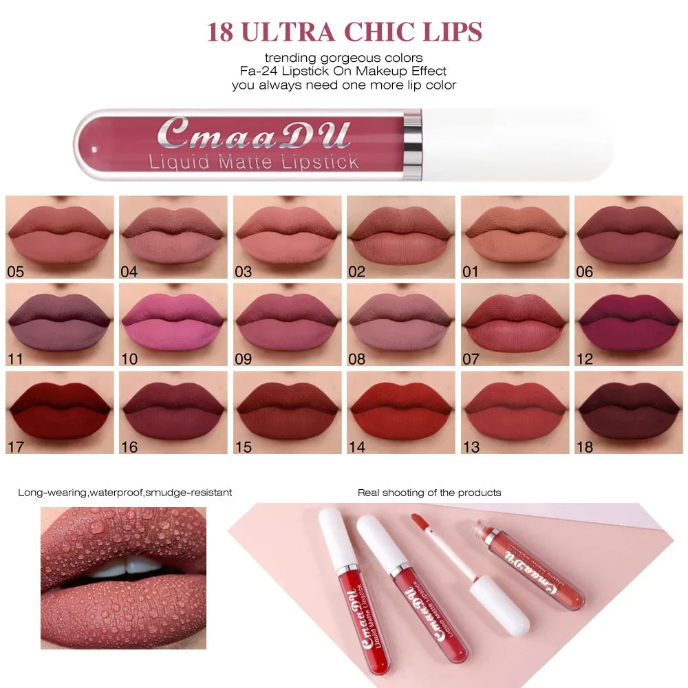 18 Colors Single Velvet Matte Liquid Lipstick Waterproof Non-Stick Waterproof Smudge-Proof Long-Lasting Mist Lip Gloss