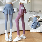 Women Fake Two Pieces Leggings Seamless Fitness Leggings High Waist with Pocket Elastic Slim Fashion Hip Liftting Yoga Pants