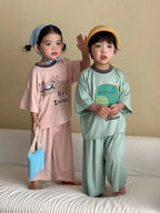 Kids Cute Animal Pajama Set Print Comfortable Sleepwear for Brother Sister 2pcs Summer Children  Cartoon Top Pant Loungewear