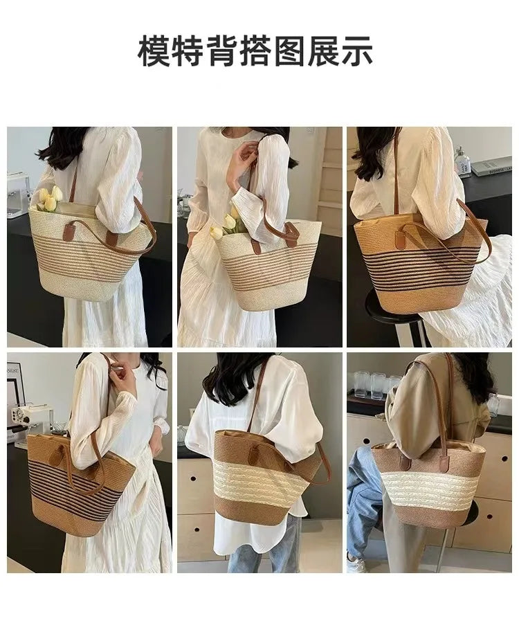 Women's Straw Woven Tote Bag With Hand New Beach Seaside Outdoor Travel Vacation Large Capacity Shoulder Bag Basket Handbag