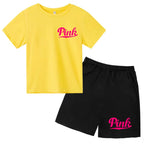 Children's summer multi-color sports short-sleeved T-shirt shorts 2-piece cartoon exquisite print children's first gift