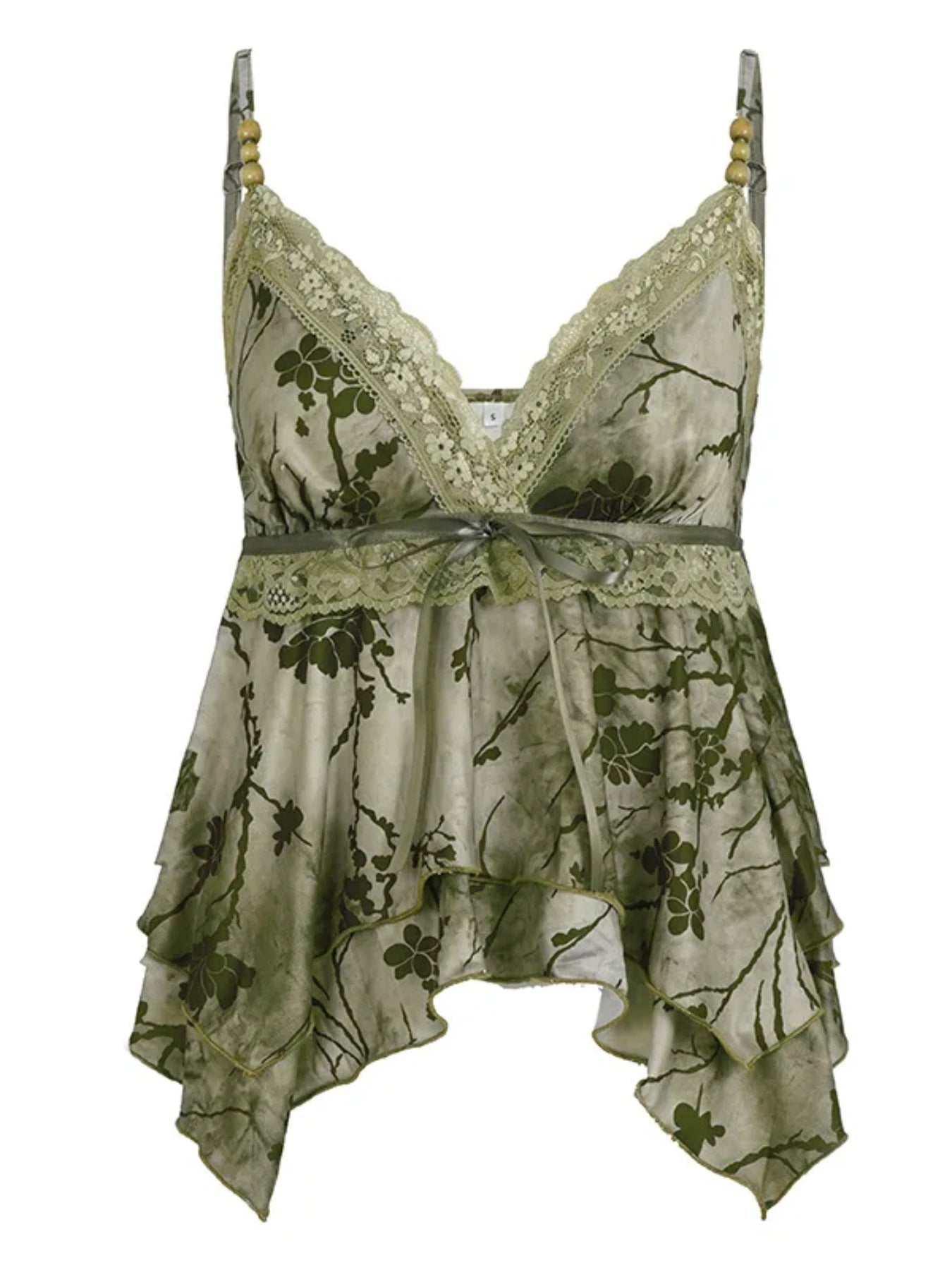 Retro Sexy Printed Vest Top with Irregular Scarf V-Neck Lace Edge for Spicy Girl Fashionable Vintage-Style Women's Top