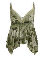 Retro Sexy Printed Vest Top with Irregular Scarf V-Neck Lace Edge for Spicy Girl Fashionable Vintage-Style Women's Top