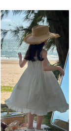 2026 New Girls Dresses Summer Solid Suspenders Dress Hollow-out Long-Sleeved Base Blouse Kid's Beach Wear
