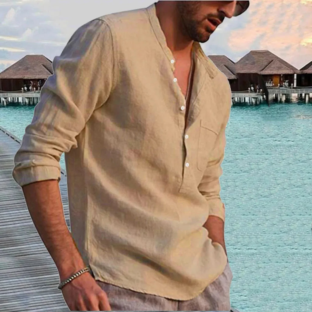Cotton Linen Hot Sale Men's Long-Sleeved Shirts Summer Solid Color Stand-Up Collar Casual Beach Style Plus Size