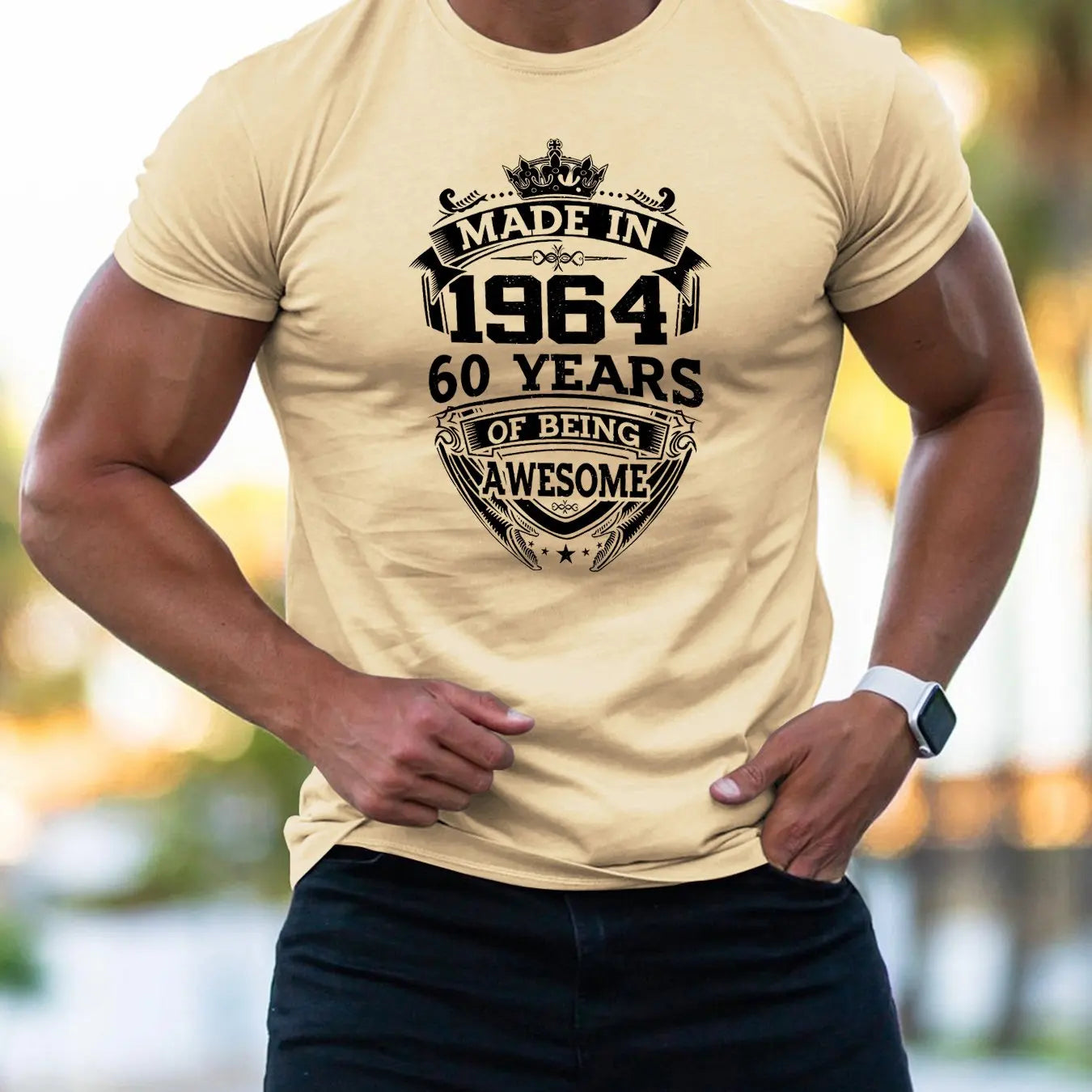 Men's summer 100% pure cotton fashionable sports casual loose fit made in 1964 print round neck short sleeved T-shirt top