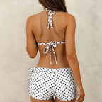 Women's Retro Polka Dot Bikini Three Piece Set Neck Hanging Triangle Cup Top With Suspender Summer Beach Vacation Sexy Swimsuit