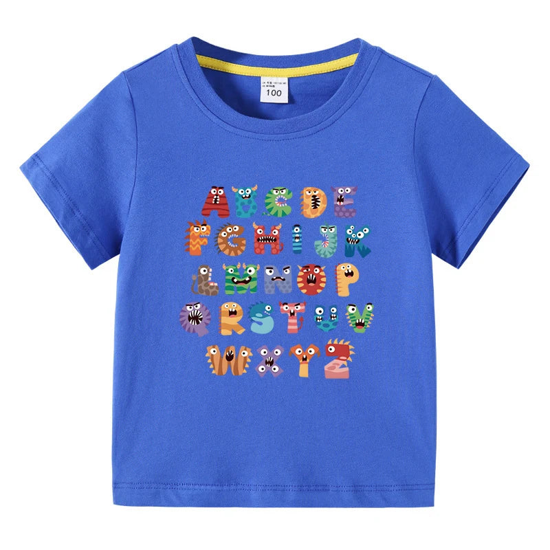 Boys Girls T-Shirt 26 Letters Print Black 100% Cotton Short Sleeve Tee Soft Casual Summer Tops for Kids Children