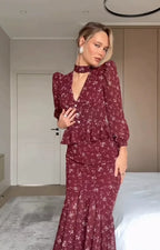 Elegant Choker V Neck Long Sleeve Maxi Dress Ruffle Wine Red Floral Print Waist Fishtail Hem Dresses Lady Party Evening Wear