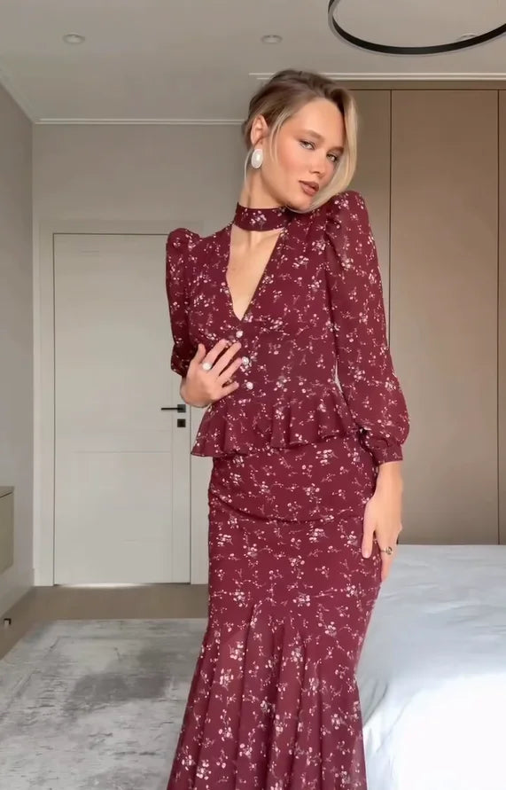 Elegant Choker V Neck Long Sleeve Maxi Dress Ruffle Wine Red Floral Print Waist Fishtail Hem Dresses Lady Party Evening Wear