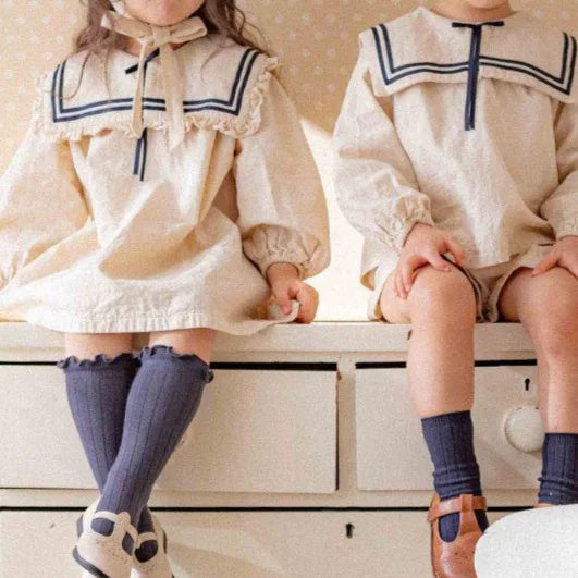 2026 Summer New Children Long Sleeve Clothes Set Boys Girls Bow Sailor Collar Shirts + Shorts 2pcs Suit Kids Cotton Outfits