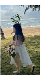 2026 New Girls Dresses Summer Solid Suspenders Dress Hollow-out Long-Sleeved Base Blouse Kid's Beach Wear