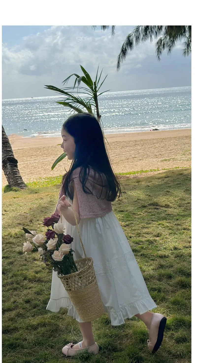 2026 New Girls Dresses Summer Solid Suspenders Dress Hollow-out Long-Sleeved Base Blouse Kid's Beach Wear